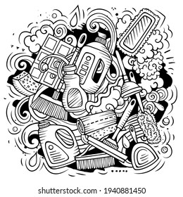 Diseño de doodles vectores de dibujos animados. Composición detallada de arte de línea con muchos objetos y símbolos de limpieza. Todos los elementos están separados