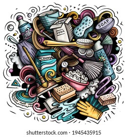 Cleaning cartoon vector doodle design. Colorful detailed composition with lot of clean up objects and symbols. All items are separate