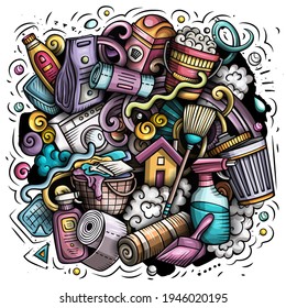 Cleaning cartoon vector doodle design. Colorful detailed composition with lot of clean up objects and symbols. All items are separate