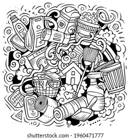 Cleaning cartoon vector doodle design. Line art detailed composition with lot of clean up objects and symbols. All items are separate