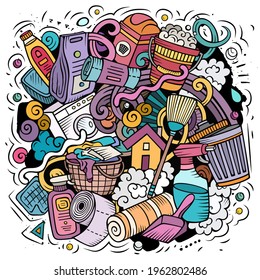 Cleaning cartoon vector doodle design. Colorful detailed composition with lot of clean up objects and symbols. All items are separate