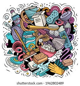 Cleaning cartoon vector doodle design. Colorful detailed composition with lot of clean up objects and symbols. All items are separate