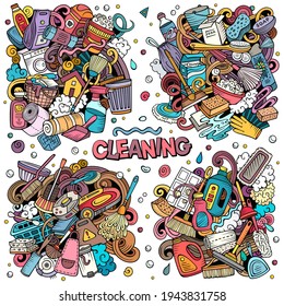 Cleaning cartoon vector doodle designs set. Colorful detailed compositions with lot of clean up objects and symbols. All items are separate