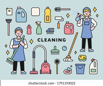 Cleaning character and various cleaning tools icon set. flat design style minimal vector illustration.