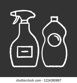 Cleaning chemicals chalk icon. Window cleaner, dishwash liquid. Cleaning products for bathroom, kitchen, toilet. Tile, shower tub cleaner. Isolated vector chalkboard illustration