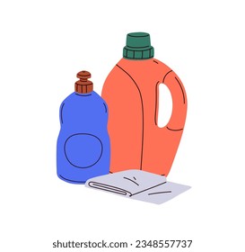 Cleaning chemicals, home detergents in plastic bottles and wiper. Washing cleansing sanitary liquid products, supplies in packages, containers. Flat vector illustration isolated on white background