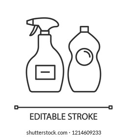 Cleaning Chemicals Linear Icon. Window Cleaner, Dishwash Liquid. Thin Line Illustration. Cleaning Products For Bathroom, Kitchen, Toilet. Tile, Shower Cleaner. Vector Isolated Drawing. Editable Stroke