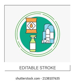  Cleaning chemistry concept line icon. Producing sprays for removing contaminants.Chemical industry.Vector isolated conception metaphor illustration.Editable stroke