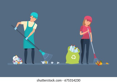 Cleaning city. Household waste, recycling. Charitable affairs. Young volunteers are engaged in cleaning territory of garbage, for further wasteless processing. Vector illustration in cartoon style.