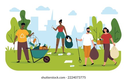 Cleaning city park. Men and women with bags collect garbage in park. Activists and volunteers take care of nature. Responsible ecofriendly society. Poster or banner. Cartoon flat vector illustration