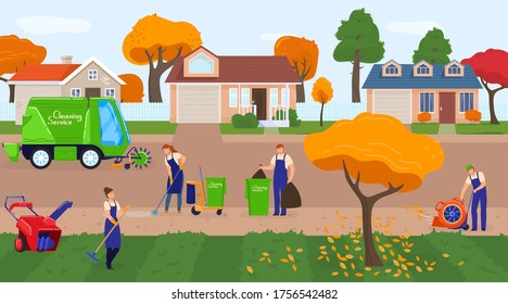 Cleaning City Service Vector Illustration. Cartoon Flat Worker Cleaner People In Uniform Working With Equipment For Clean City Urban Public Park And Street Cityscape, Professional Waste Trash Removing