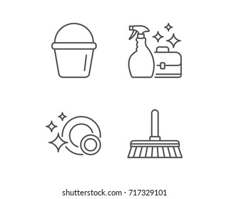 Cleaning, Clean dishes and Housekeeping service line icons. Bucket, Mop and Maid equipment signs. Quality design element. Editable stroke. Vector