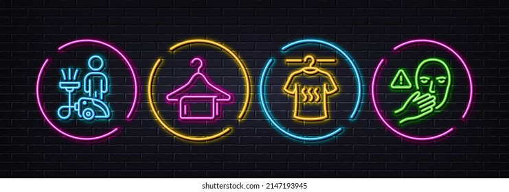 Cleaning, Clean towel and Dry t-shirt minimal line icons. Neon laser 3d lights. Dont touch icons. For web, application, printing. Clean service, Laundry hanger, Laundry shirt. Vector