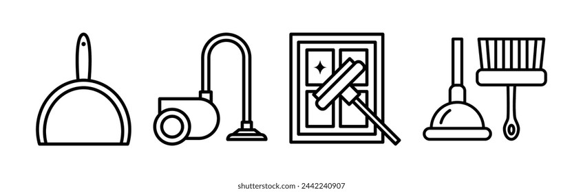 Línea de limpieza y limpieza Objeto y equipo Vector Set