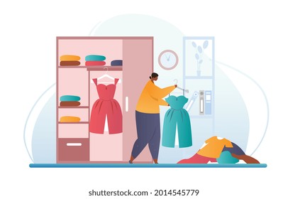 Cleaning the closet concept. Woman takes apart the wardrobe and carefully folds the clothes. Convenient location of clothing. Cartoon modern flat vector illustration isolated on white background