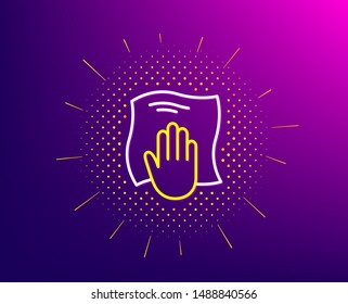 Cleaning cloth line icon. Halftone pattern. Wipe with a rag symbol. Housekeeping equipment sign. Gradient background. Washing cloth line icon. Yellow halftone pattern. Vector