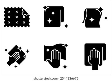 Conjunto de iconos de línea de paño de limpieza. Señal del equipo de limpieza sobre fondo blanco