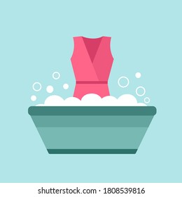 Cleaning clothes concept vector illustration. Clean dirty woman dress by hand washing to prevent germs, bacteria and coronavirus in flat design.