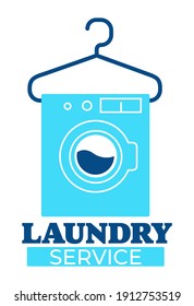 Limpieza de ropa en lavadora, ícono aislado o etiqueta con percha y agua. Servicio de lavandería para limpiar la ropa. Lavandería, tareas domésticas y rutina de ropa. Vector de estilo plano