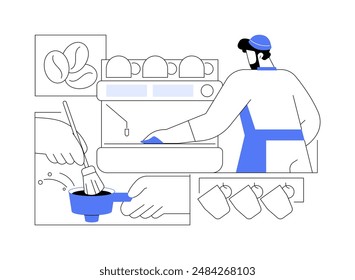 Cleaning coffee machine abstract concept vector illustration. Professional barista cleaning coffee machine in restaurant, service sector, horeca business, kitchen cafe appliance abstract metaphor.