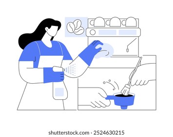 Cleaning coffee machine isolated cartoon vector illustrations. Professional barista cleaning coffee machine in restaurant, service sector, horeca business, kitchen cafe appliance vector cartoon.