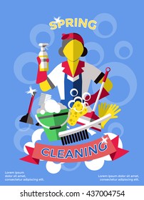 Cleaning colored poster cleaner with cleaning agents in the hands of and red ribbon vector illustration