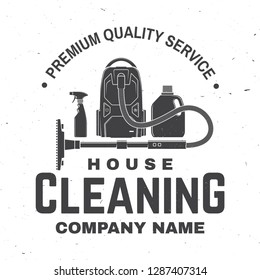 Cleaning company badge, emblem. Vector illustration. Concept for shirt, print, stamp or tee. Vintage typography design with cleaning equipments. Cleaning service sign for company related business