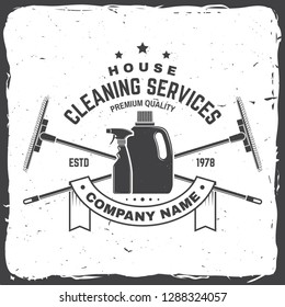 Cleaning company badge, emblem. Vector illustration. Concept for shirt, print, stamp or tee. Vintage typography design with cleaning equipments. Cleaning service sign for company related business