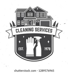 Cleaning company badge, emblem. Vector illustration. Concept for shirt, print, stamp or tee. Vintage typography design with cleaning equipments. Cleaning service sign for company related business