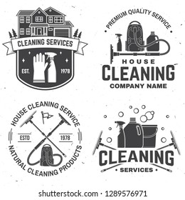 Cleaning company badge, emblem. Vector illustration. Concept for shirt, print, stamp or tee. Vintage typography design with cleaning equipments. Cleaning service sign for company related business