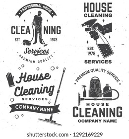 Cleaning company badge, emblem. Vector illustration. Concept for shirt, print, stamp or tee. Vintage typography design with cleaning equipments. Cleaning service sign for company related business