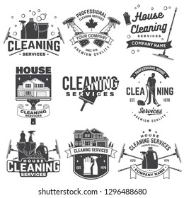 Cleaning company badge, emblem. Vector illustration. Concept for shirt, print, stamp or tee. Vintage typography design with cleaning equipments. Cleaning service sign for company related business