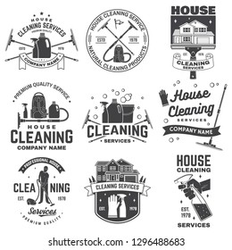 Cleaning company badge, emblem. Vector illustration. Concept for shirt, print, stamp or tee. Vintage typography design with cleaning equipments. Cleaning service sign for company related business