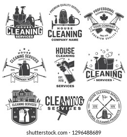 Cleaning company badge, emblem. Vector illustration. Concept for shirt, print, stamp or tee. Vintage typography design with cleaning equipments. Cleaning service sign for company related business