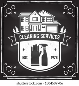 Cleaning company badge, emblem. Vector illustration. Concept for shirt, print, stamp or tee. Vintage typography design with cleaning equipments. Cleaning service sign for company related business