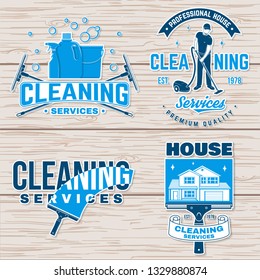 Cleaning company badge, emblem. Vector illustration. Concept for shirt, print, stamp or sticker. Vintage typography design with cleaning equipments. Cleaning service sign for company related business