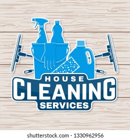 Cleaning company badge, emblem. Vector illustration. Concept for patch, print, stamp or sticker. Vintage typography design with cleaning equipments. Cleaning service sign for company related business