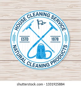 Cleaning company badge, emblem. Vector. Concept for shirt, sticker, print, stamp or patch. Vintage typography design with cleaning equipments. Cleaning service sign for company related business