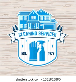 Cleaning company badge, emblem. Vector. Concept for shirt, sticker, print, stamp or patch. Vintage typography design with cleaning equipments. Cleaning service sign for company related business