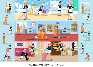 Cleaning company brochures with professional workers doing household duties at office bathroom and living room vector illustration