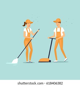 Cleaning company characters dressed in uniform with cleaning equipment. Vector illustration flat style.