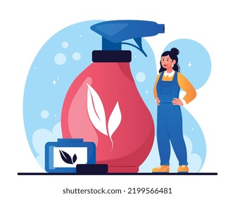 Cleaning company concept. Girl next to chemical cleaner for apartment. Comfort and cosiness in house. Advertising poster or banner for website. Janitor washing floor. Cartoon flat vector illustration