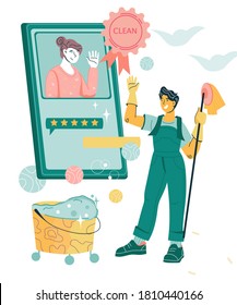Cleaning company concept with man, company employee getting positive feedback from client for his service. Friendly smiling cleaning company staff, flat cartoon vector illustration.