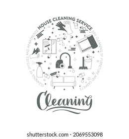 Cleaning company concept. A set of icons for washing and disinfecting the house, background and logo for the cleaning service. Vector isolated illustrations.