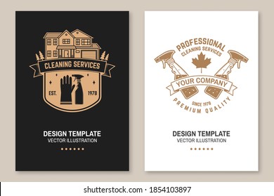 Cleaning company covers, invitations, posters, banners, flyers. Vector illustration. Vintage typography design with cleaning equipments. Cleaning service template for company related business