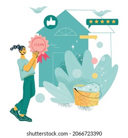 Cleaning company emblem or logo element for advertising in web and social media. Cleaning staff  janitor worker standing near house, flat cartoon vector illustration isolated on white background.