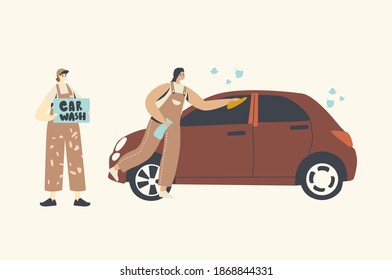 Cleaning Company Employees Female Characters Work Process. Car Wash Service Concept. Couple of Workers Wearing Uniform Lathering Automobile with Sponge and Spray. Linear People Vector Illustration
