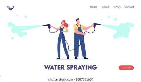 Cleaning Company Employees Landing Page Template. Male Female Characters Work at Car Wash Service. Workers Wearing Uniform Pouring Water Using High Pressure Washer. Cartoon People Vector Illustration