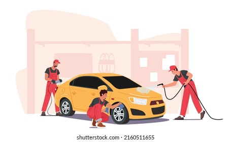 Cleaning Company Employees Male or Female Characters Work Process. Car Wash Service Concept. Men Workers Wear Uniform Lathering Automobile with Mop and Use Hoses. Cartoon People Vector Illustration