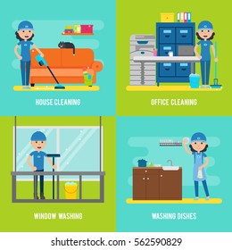 Cleaning company flat composition with different services household equipment and tools vector illustration